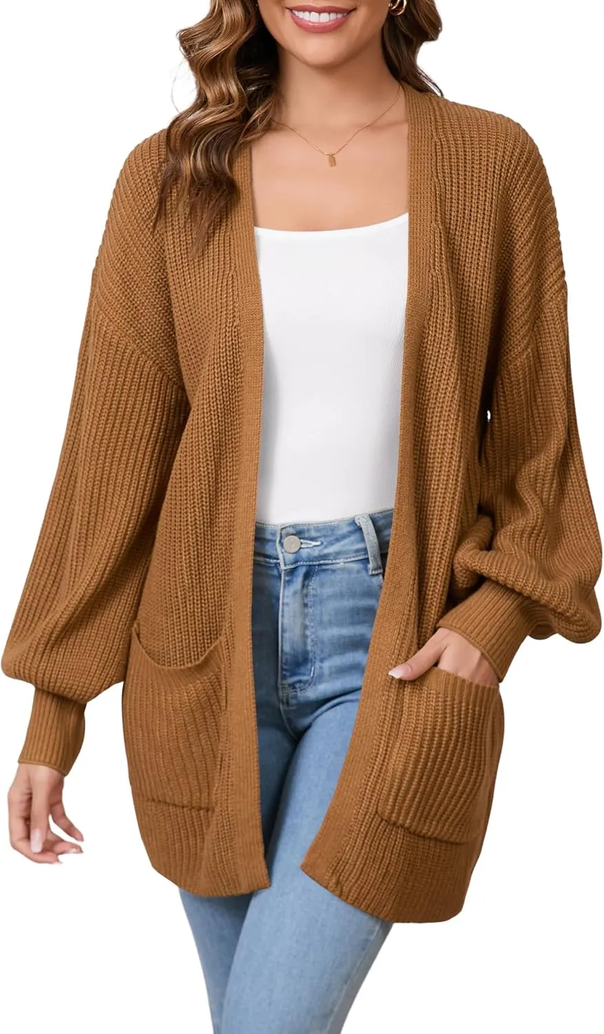 SPR&JOY Womens Lantern Sleeve Cardigan Sweaters, Drop Shoulder Open Front Knit Tops, Solid Loose Outwear Coats with Pockets
