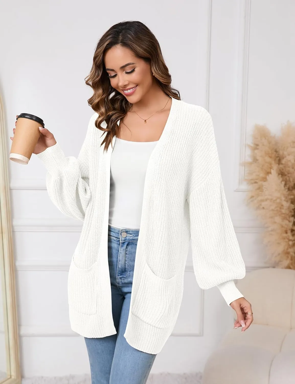 SPR&JOY Womens Lantern Sleeve Cardigan Sweaters, Drop Shoulder Open Front Knit Tops, Solid Loose Outwear Coats with Pockets