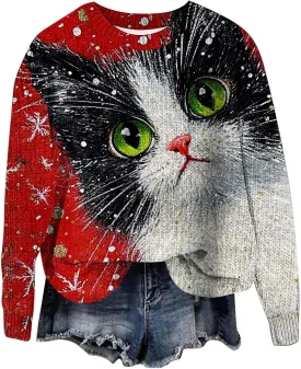 Ugly Christmas Sweater Women Men Funny Cat Sweatshirts Pullover Xmas Shirts Fashion Tops Knit Ribbed Winter Sweater
