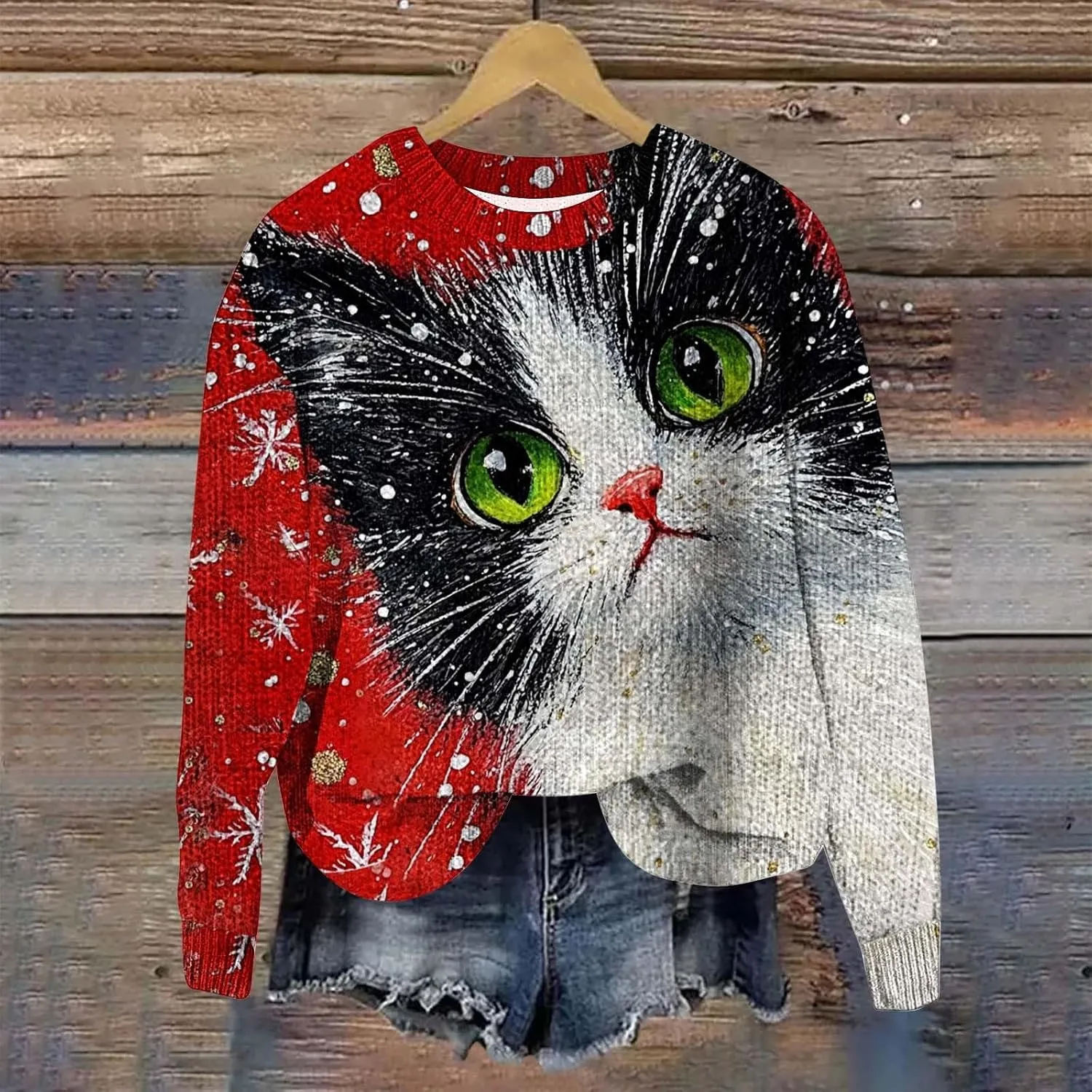 Ugly Christmas Sweater Women Men Funny Cat Sweatshirts Pullover Xmas Shirts Fashion Tops Knit Ribbed Winter Sweater