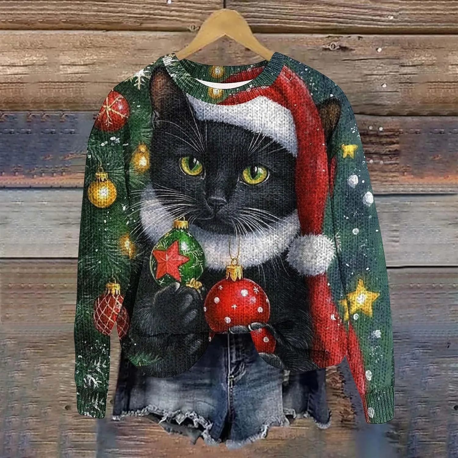 Ugly Christmas Sweater Women Men Funny Cat Sweatshirts Pullover Xmas Shirts Fashion Tops Knit Ribbed Winter Sweater