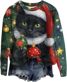 Ugly Christmas Sweater Women Men Funny Cat Sweatshirts Pullover Xmas Shirts Fashion Tops Knit Ribbed Winter Sweater