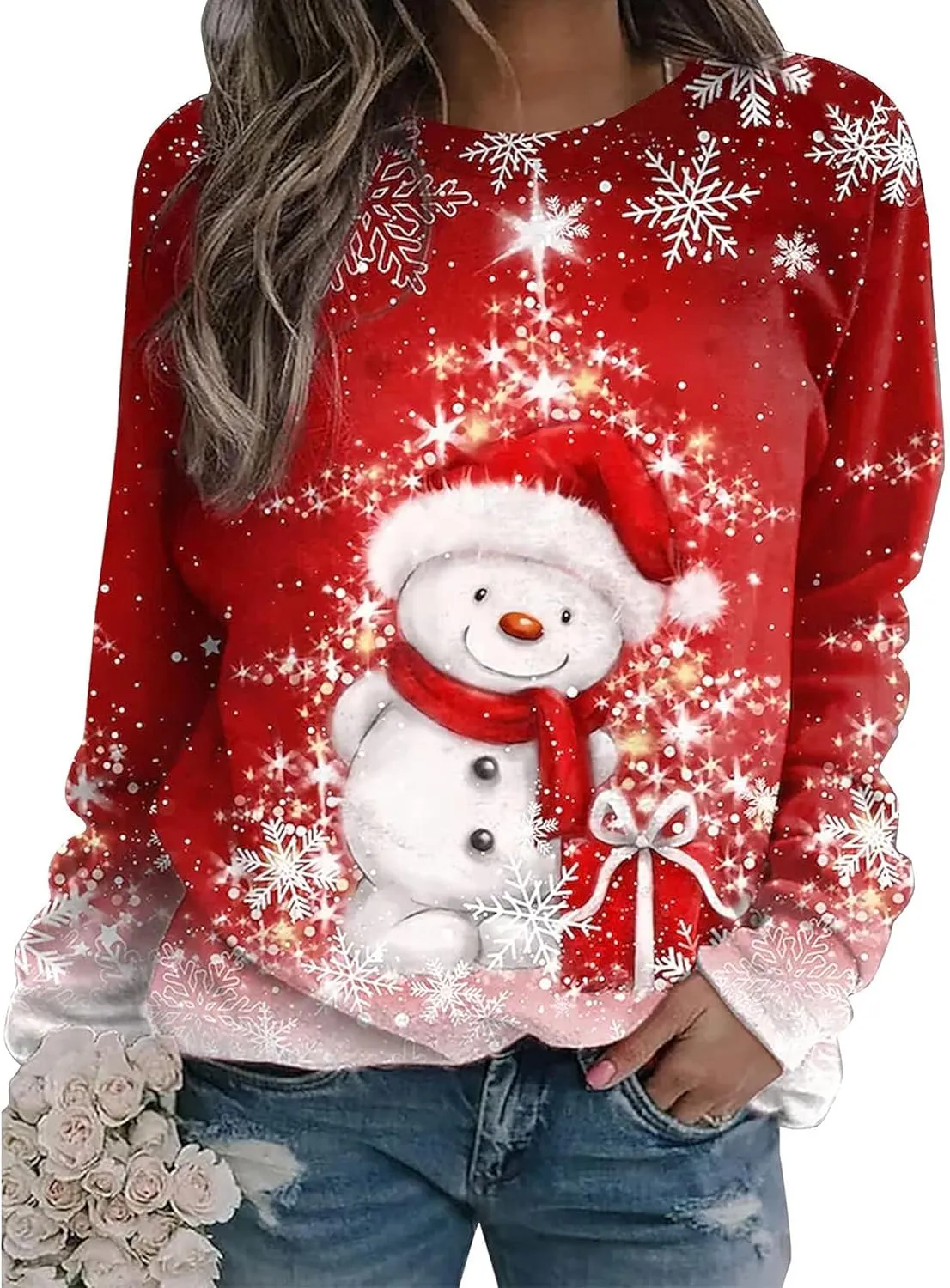 Ugly Christmas Sweatshirts for Women Funny Snowman Graphic Print Shirts Xmas Holiday Long Sleeve Pullover Tops