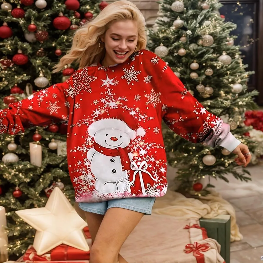 Ugly Christmas Sweatshirts for Women Funny Snowman Graphic Print Shirts Xmas Holiday Long Sleeve Pullover Tops