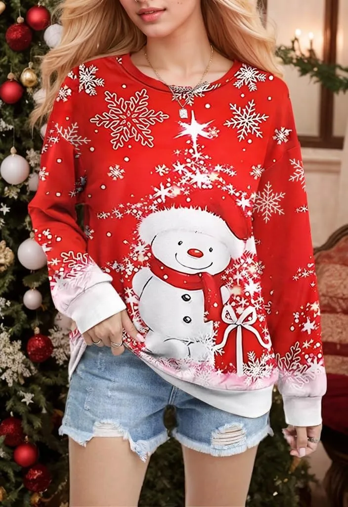 Ugly Christmas Sweatshirts for Women Funny Snowman Graphic Print Shirts Xmas Holiday Long Sleeve Pullover Tops