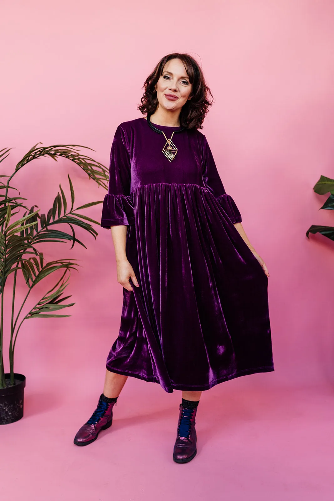 Velvet Ruffle Smock Dress in Plum