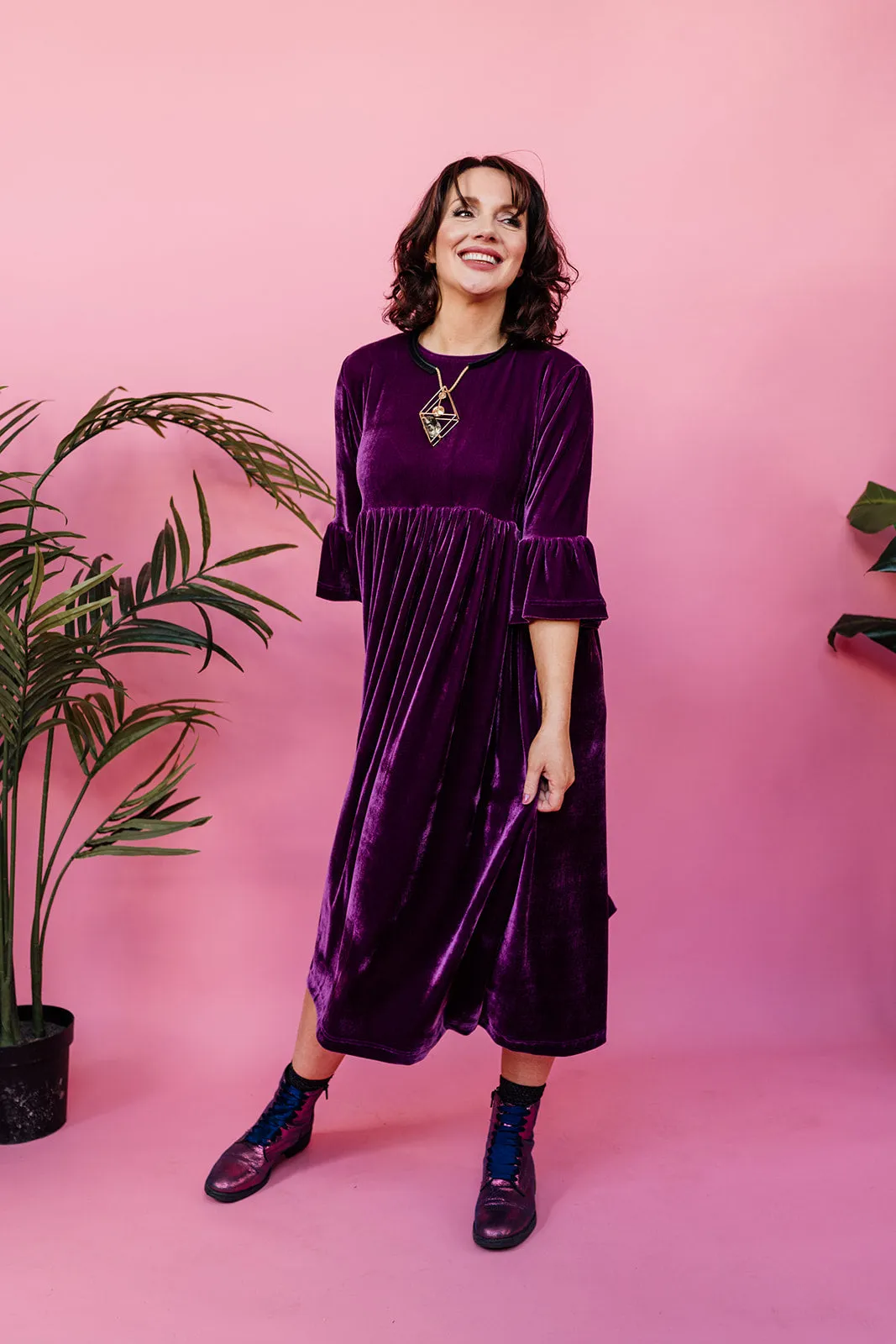 Velvet Ruffle Smock Dress in Plum