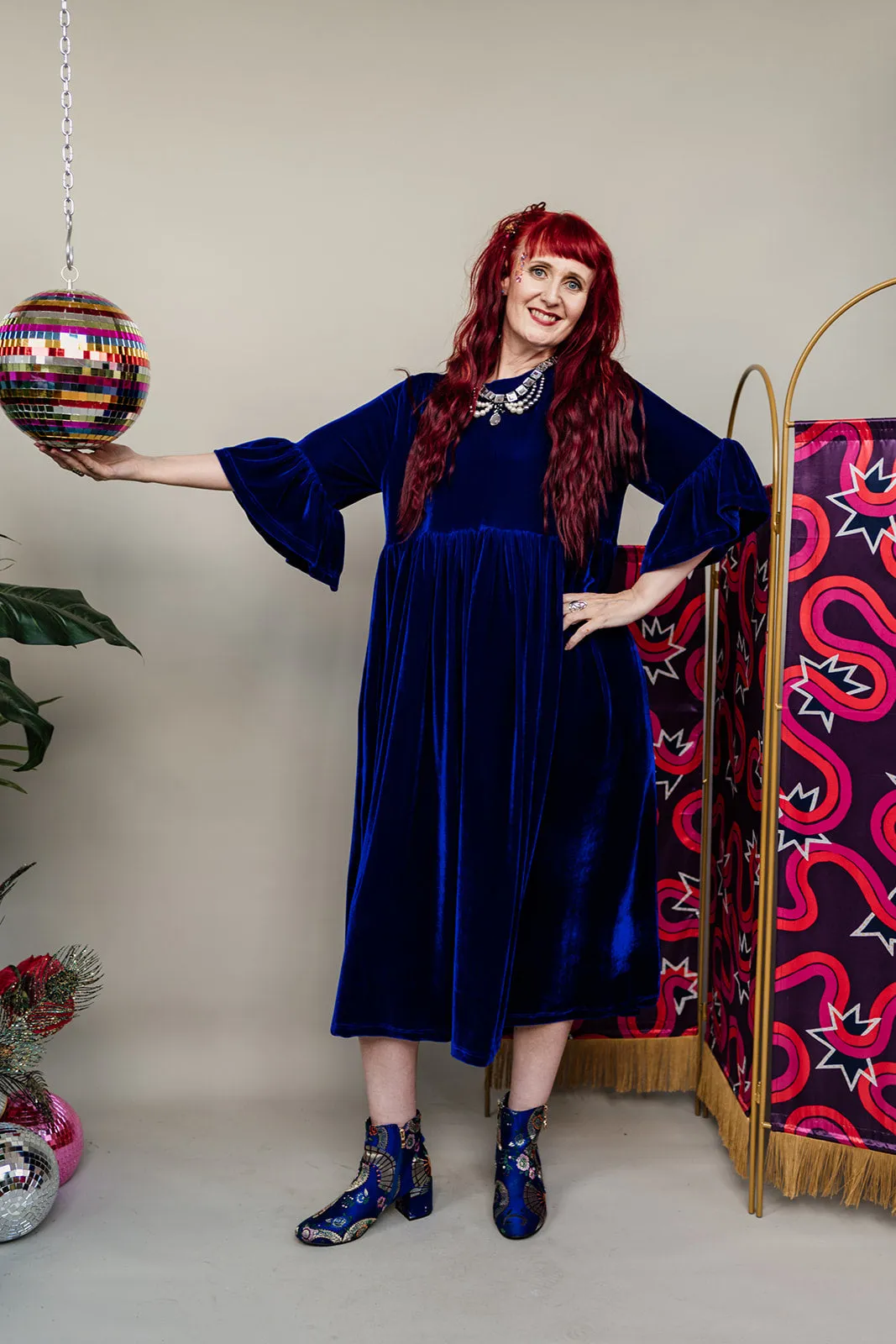 Velvet Ruffle Smock Dress in Royal Blue