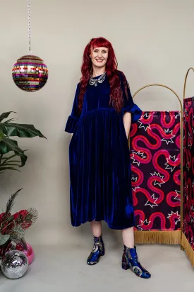 Velvet Ruffle Smock Dress in Royal Blue