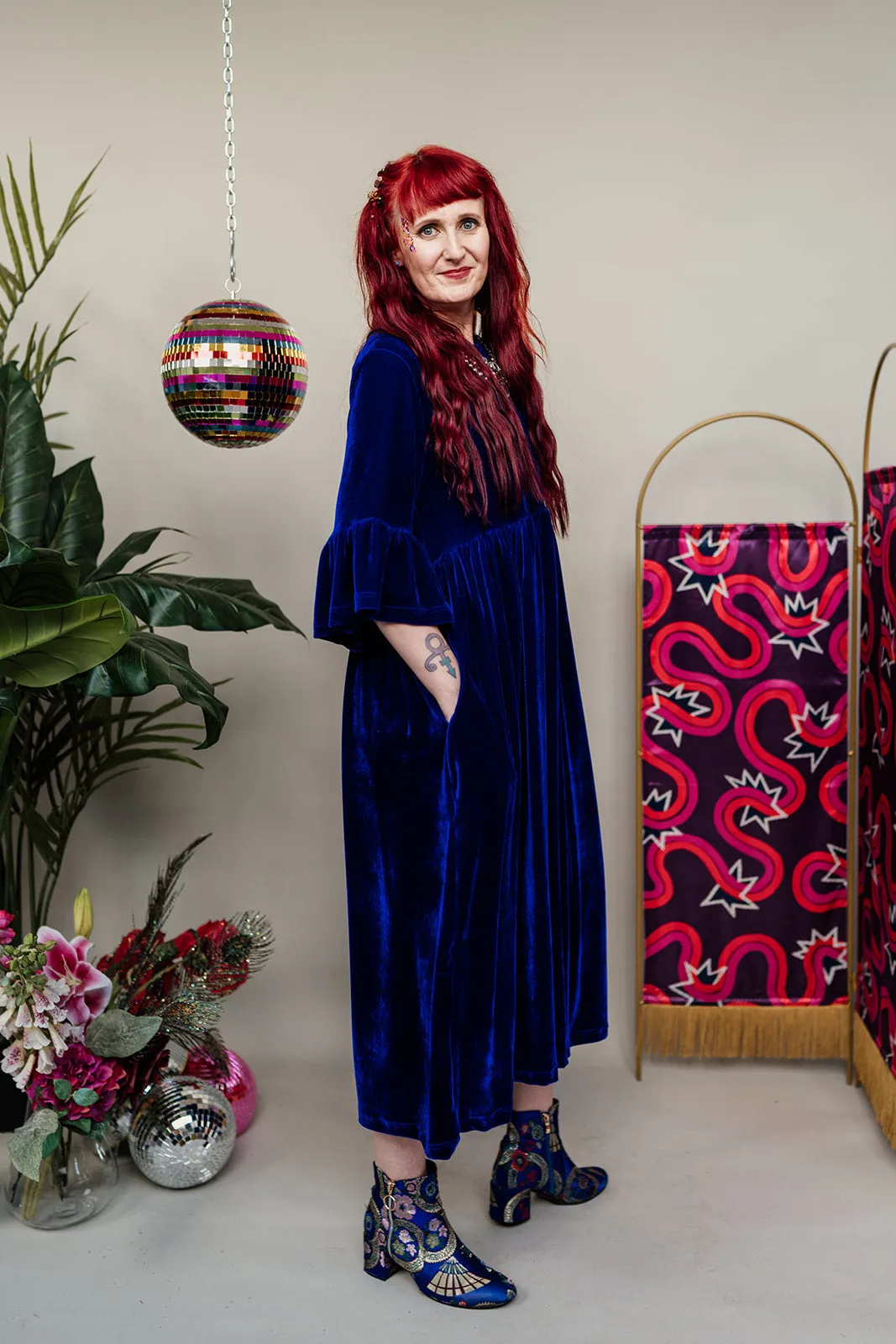 Velvet Ruffle Smock Dress in Royal Blue