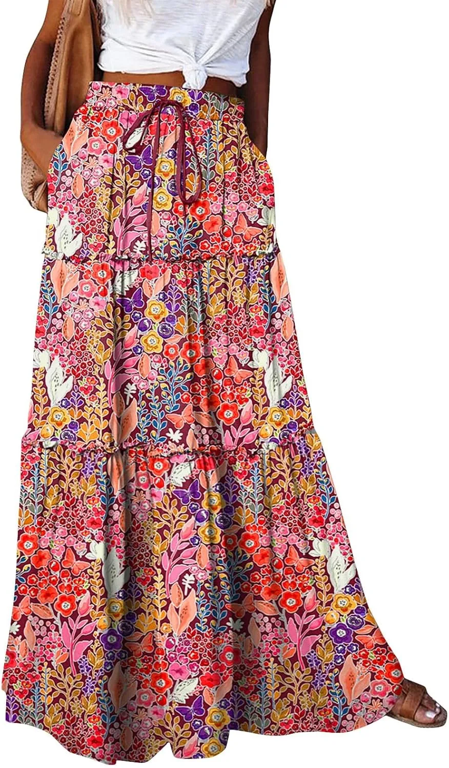 Womens Boho Maxi Skirt with Pockets Cute Summer Flowy Floral Long Bohemian Skirts Hawaiian Elastic High Waisted Skirt