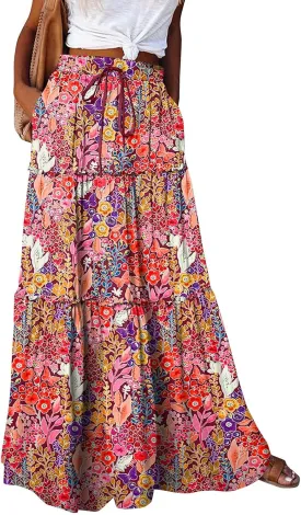 Womens Boho Maxi Skirt with Pockets Cute Summer Flowy Floral Long Bohemian Skirts Hawaiian Elastic High Waisted Skirt