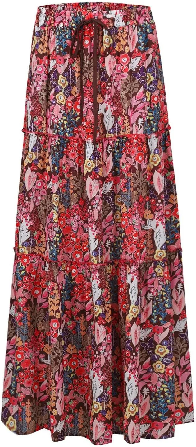 Womens Boho Maxi Skirt with Pockets Cute Summer Flowy Floral Long Bohemian Skirts Hawaiian Elastic High Waisted Skirt