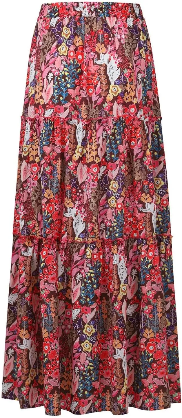 Womens Boho Maxi Skirt with Pockets Cute Summer Flowy Floral Long Bohemian Skirts Hawaiian Elastic High Waisted Skirt