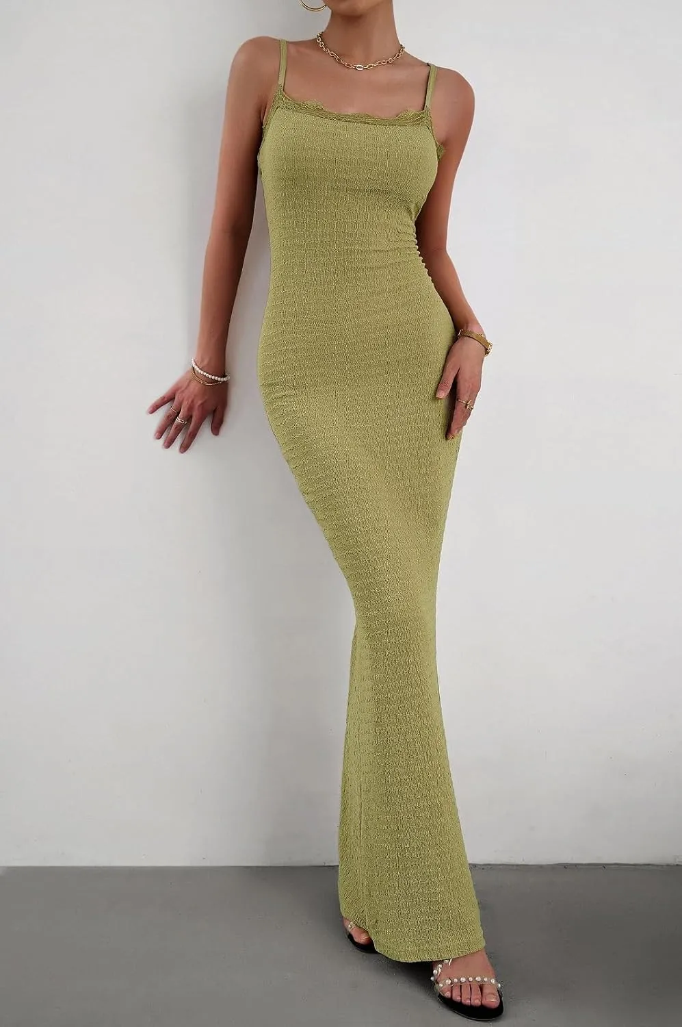 Women's Casual Slip Long Dress Lace Square Neck Solid Sexy Sleeveless Bodycon Maxi Dress