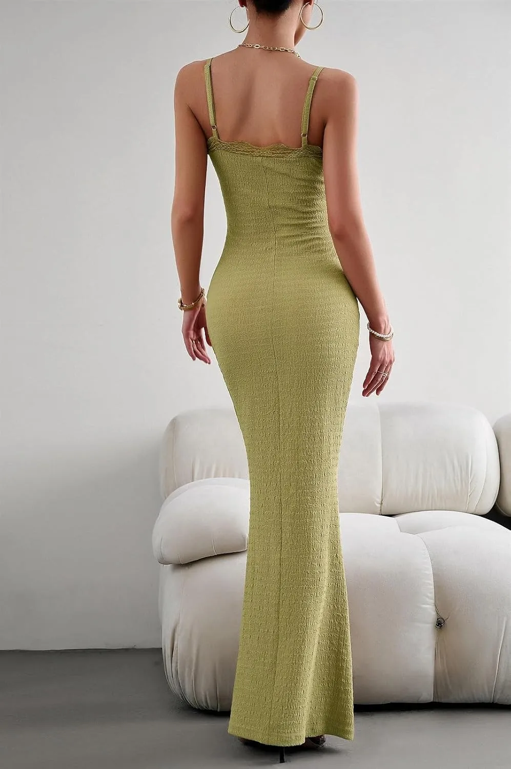 Women's Casual Slip Long Dress Lace Square Neck Solid Sexy Sleeveless Bodycon Maxi Dress