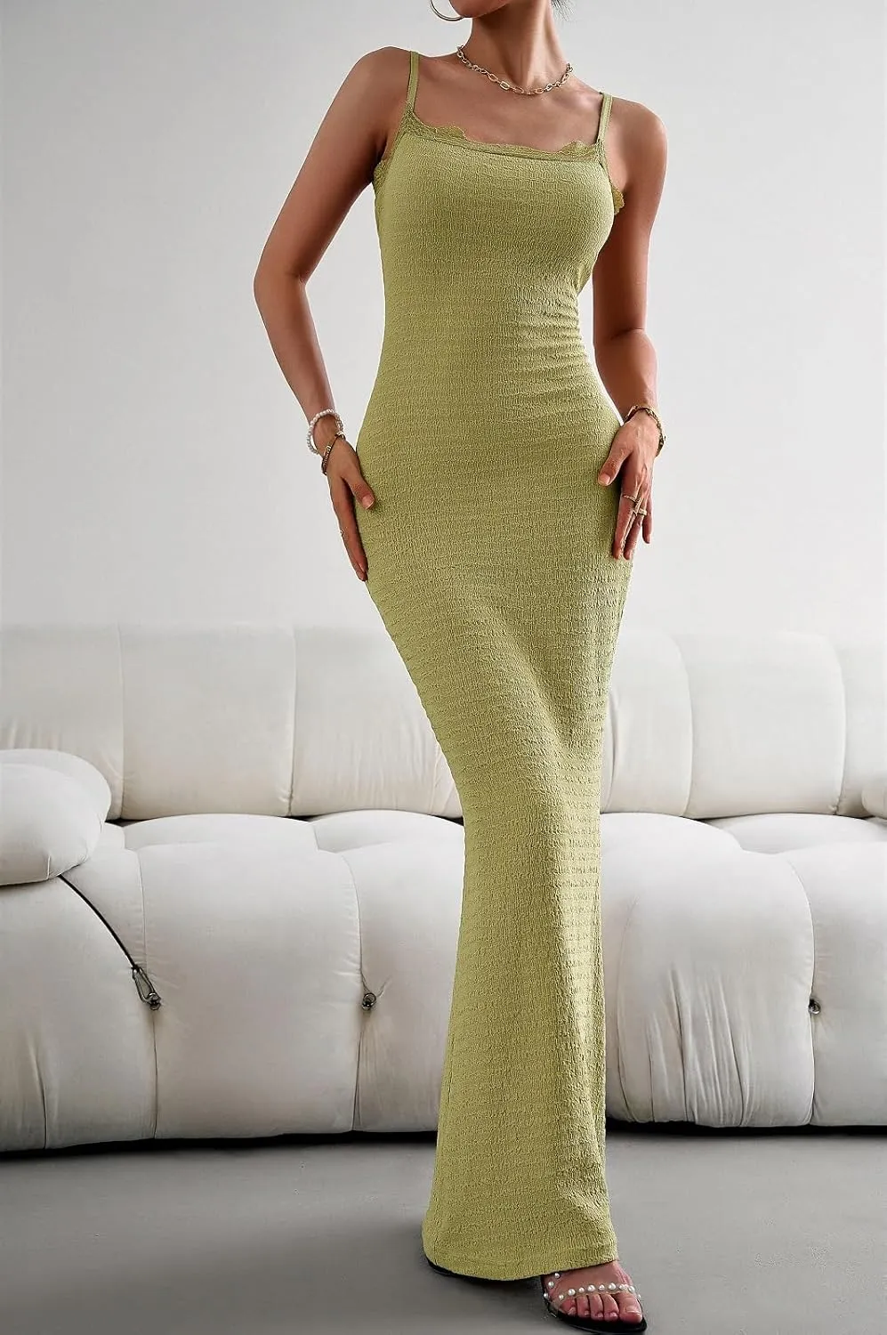 Women's Casual Slip Long Dress Lace Square Neck Solid Sexy Sleeveless Bodycon Maxi Dress