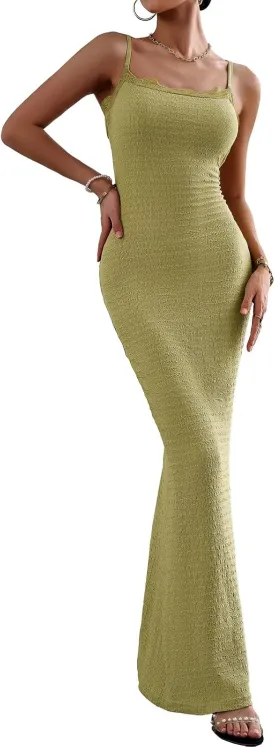 Women's Casual Slip Long Dress Lace Square Neck Solid Sexy Sleeveless Bodycon Maxi Dress