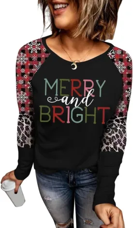 Women's Christmas Holiday T Shirts Leopard Stripe Splicing Sleeve Shirt Xmas Funny Graphic Raglan Baseball Tops