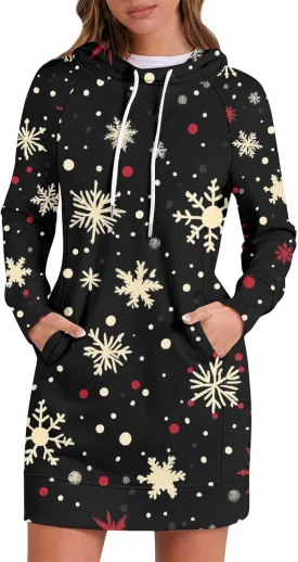 Women's Fall Christmas Tree Snowflake Print Long Sleeve Tops Round Neck Patchwork Sweatshirt Hooded Dresses