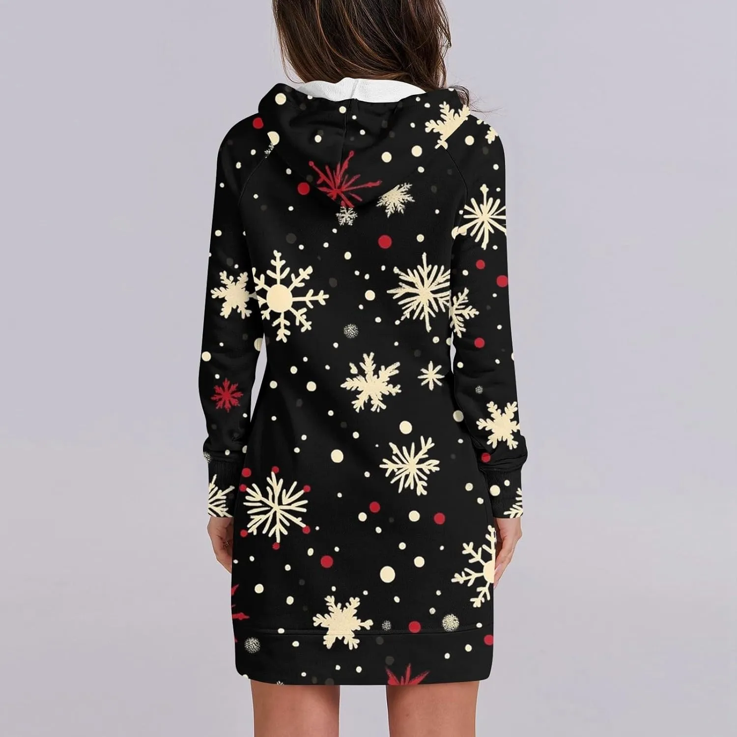 Women's Fall Christmas Tree Snowflake Print Long Sleeve Tops Round Neck Patchwork Sweatshirt Hooded Dresses