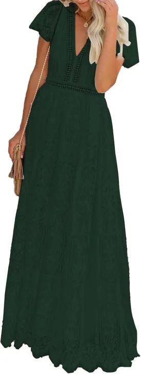 Women's Fall Lace Maxi Wedding Dress Long Sleeve V Neck Flowy A Line Cocktail Formal Party Dress Spring
