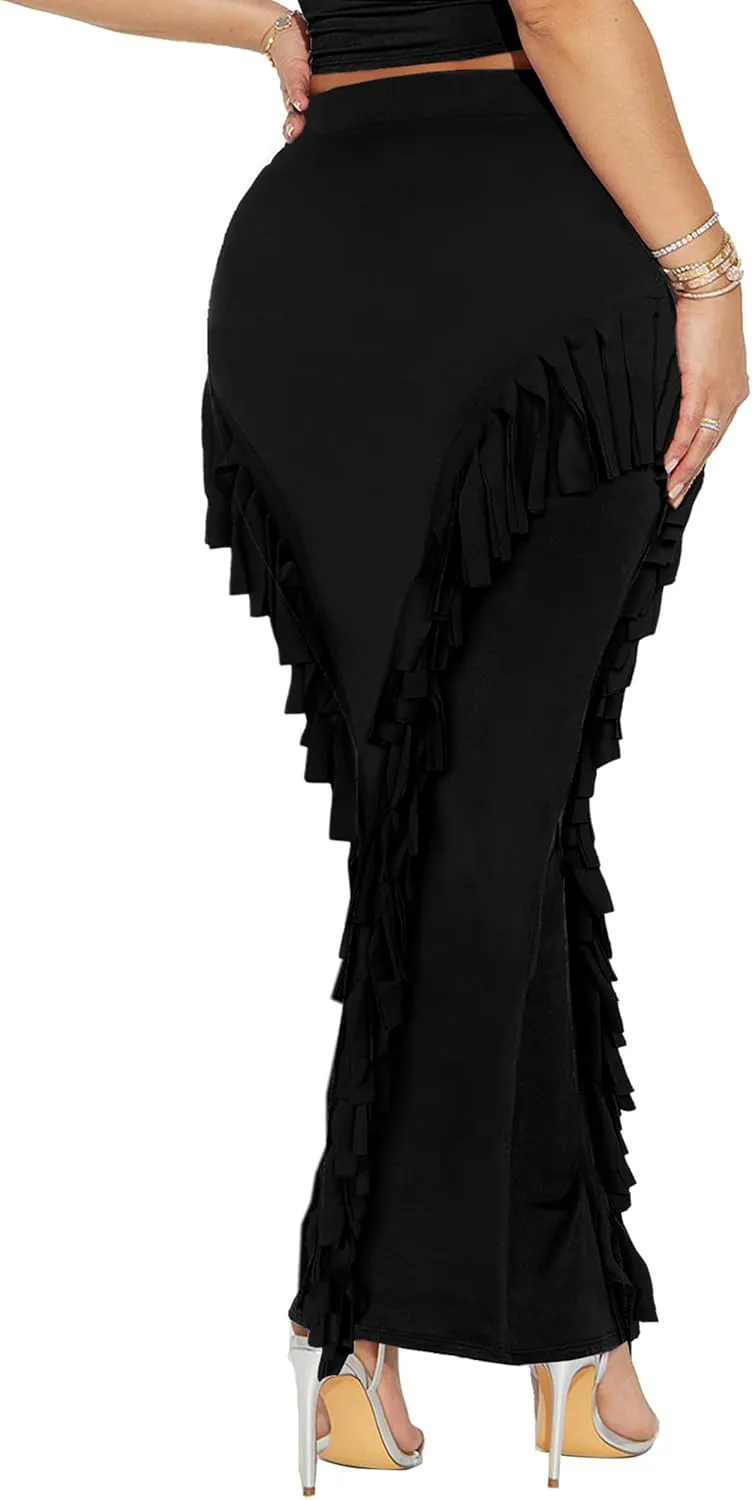 Women's Fringe Skirt Side Tassel Elastic High Waisted Pencil Long Maxi Skirts Bodycon