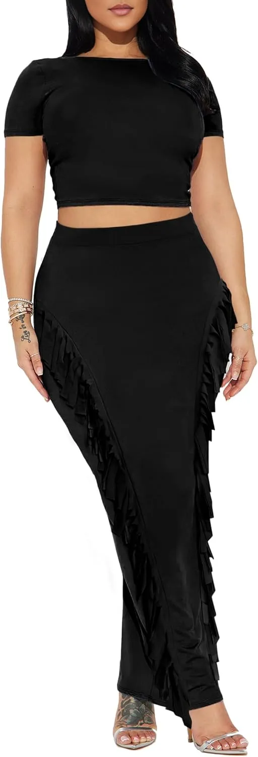 Women's Fringe Skirt Side Tassel Elastic High Waisted Pencil Long Maxi Skirts Bodycon