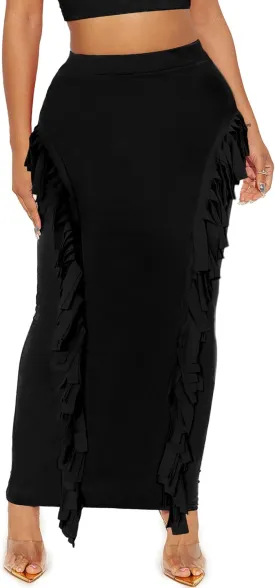 Women's Fringe Skirt Side Tassel Elastic High Waisted Pencil Long Maxi Skirts Bodycon
