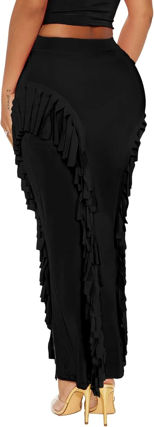 Women's Fringe Skirt Side Tassel Elastic High Waisted Pencil Long Maxi Skirts Bodycon