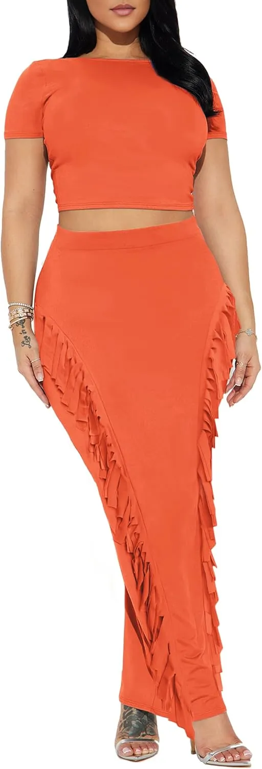 Women's Fringe Skirt Side Tassel Elastic High Waisted Pencil Long Maxi Skirts Bodycon