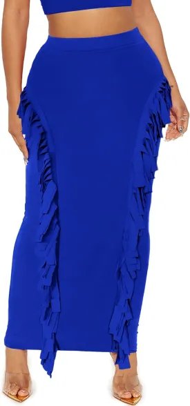 Women's Fringe Skirt Side Tassel Elastic High Waisted Pencil Long Maxi Skirts Bodycon