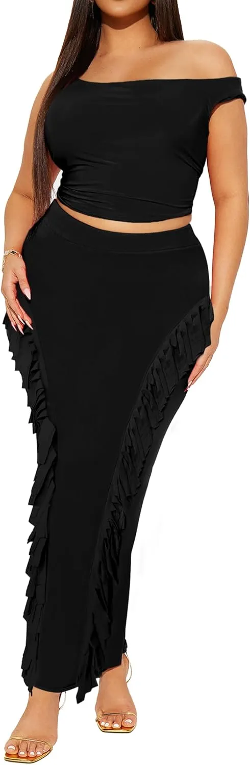 Women's Fringe Skirt Side Tassel Elastic High Waisted Pencil Long Maxi Skirts Bodycon
