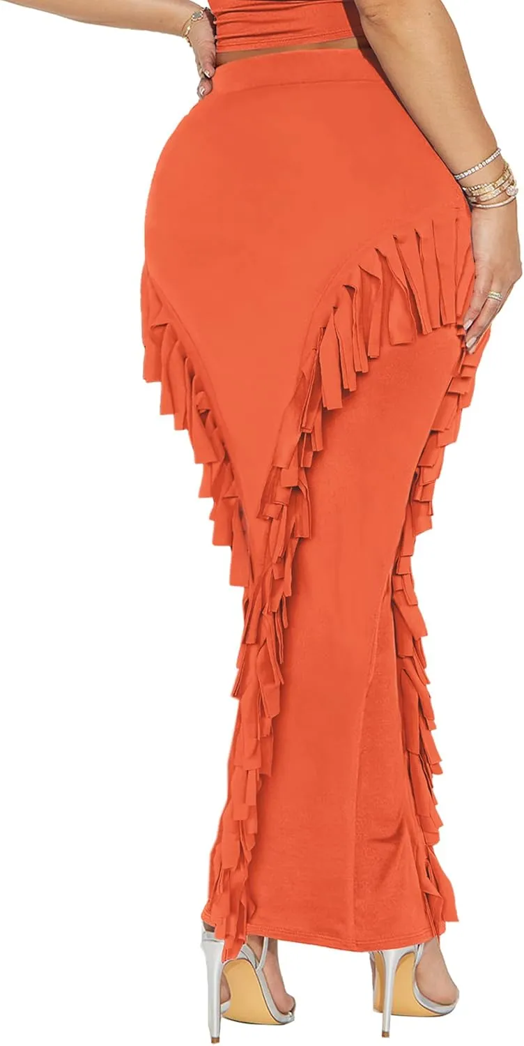 Women's Fringe Skirt Side Tassel Elastic High Waisted Pencil Long Maxi Skirts Bodycon