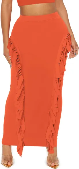 Women's Fringe Skirt Side Tassel Elastic High Waisted Pencil Long Maxi Skirts Bodycon