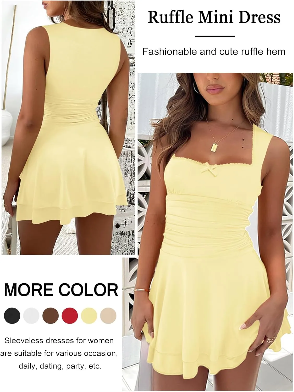 Women's Square Neck Ruffle Mini Dresses Ruched Waist Slim Sleeveless Corset Dress for Women Summer Short Party Dress