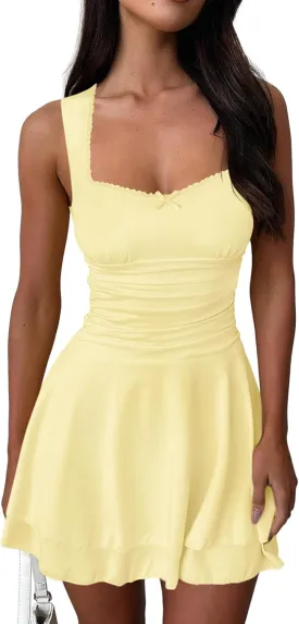 Women's Square Neck Ruffle Mini Dresses Ruched Waist Slim Sleeveless Corset Dress for Women Summer Short Party Dress