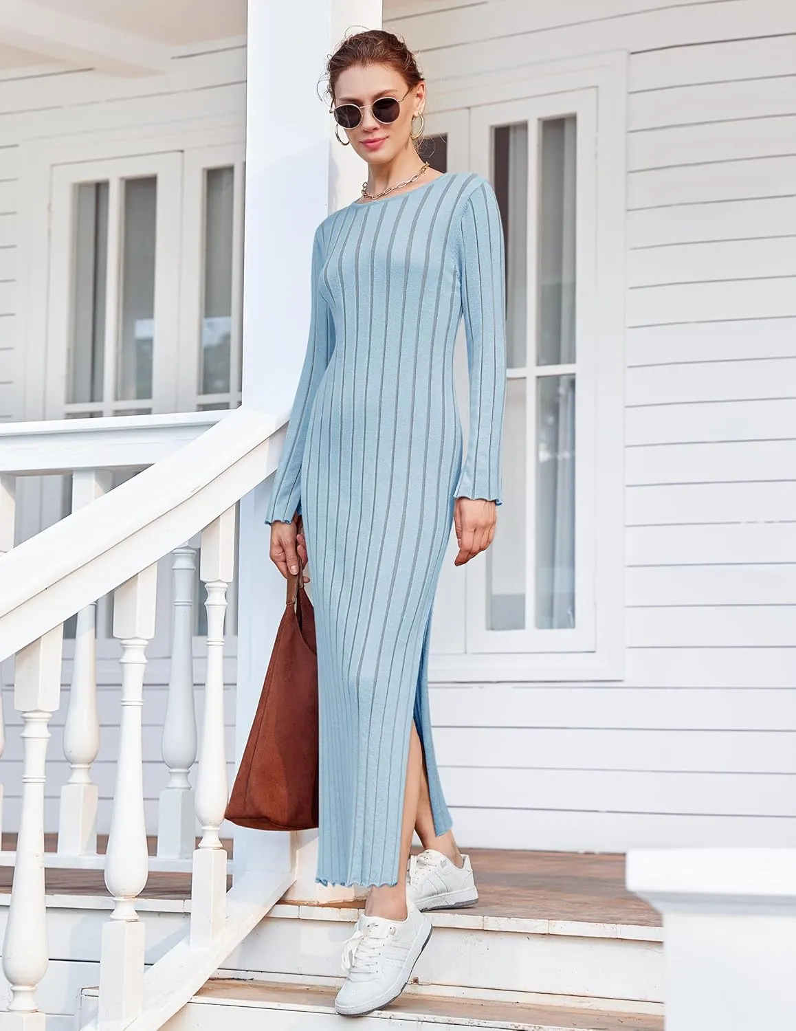 Yousify Womens 2025 Trendy Spring Long Sleeve Sweater Dresses Casual Round Neck Split Hem Striped Midi Dress