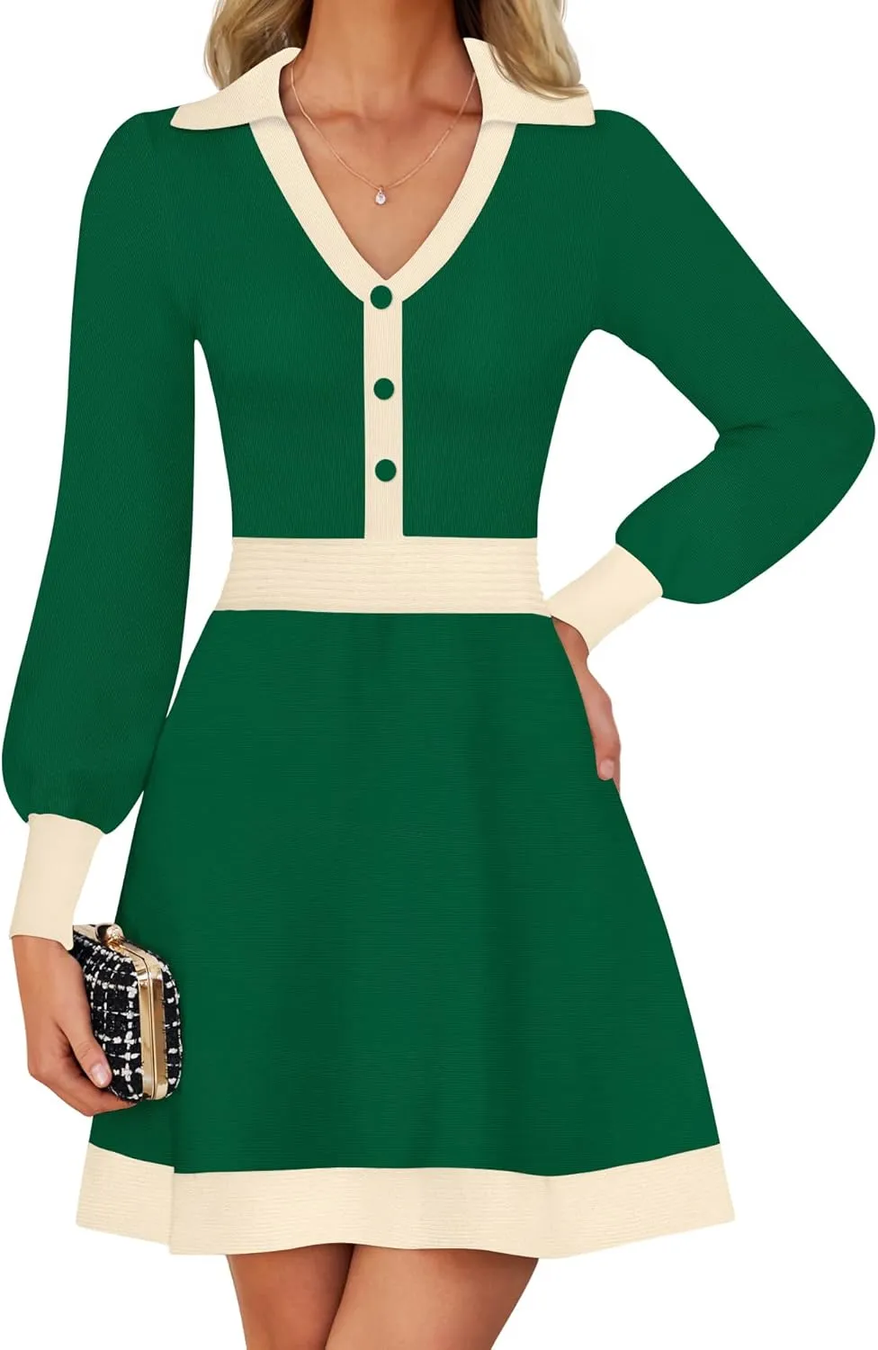 ZESICA Women's Spring Long Sleeve V Neck Sweater Dress Collar Ribbed Knit Mini Dresses