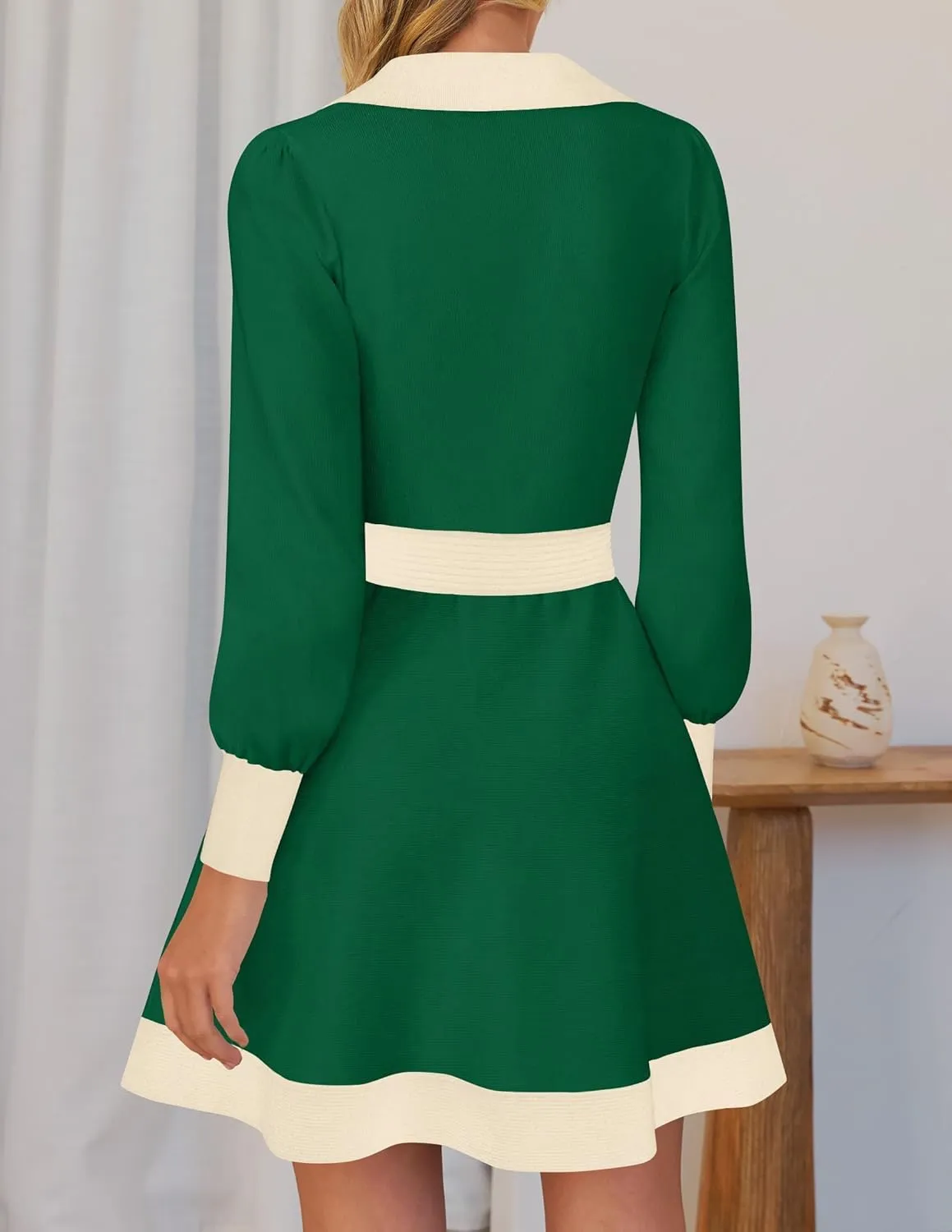ZESICA Women's Spring Long Sleeve V Neck Sweater Dress Collar Ribbed Knit Mini Dresses