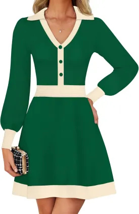 ZESICA Women's Spring Long Sleeve V Neck Sweater Dress Collar Ribbed Knit Mini Dresses